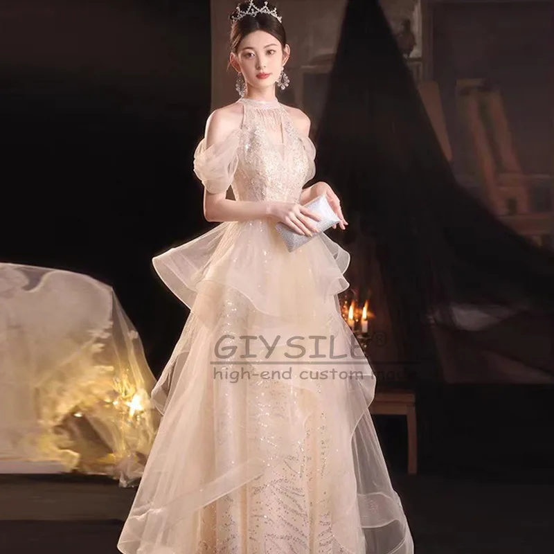 GIYSILE Aangepaste Avondjurk Mode Champagne Vrouwelijke 2025 Nieuwe Luxe Hangende Hals Pailletten Kwastje Temperament Feestjurken