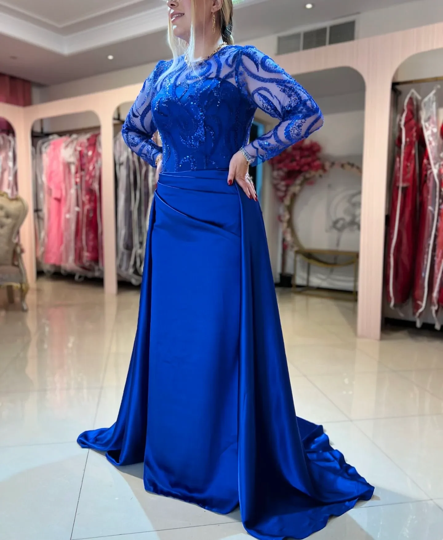 

Customized Royal Blue Plus Size Ball Dress With Lace Long Sleeve Stickers And Detachable Skirt Bridal Mother Evening Dress 2025