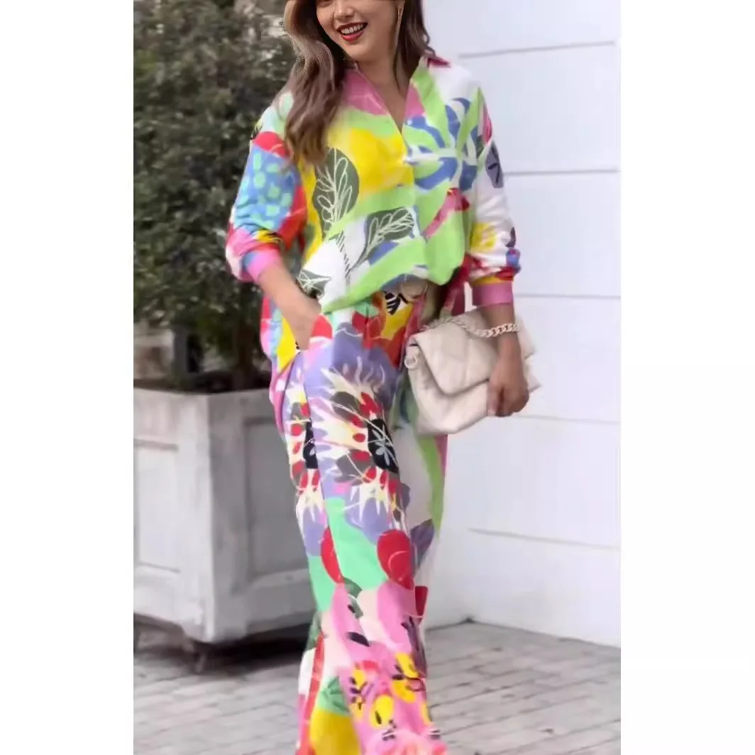 Fashion Color Print Two Piece Set Women Trendy Loose Long Sleeve Shirts Wide Legs Trousers 2 Piece Set Female Commuting Suits