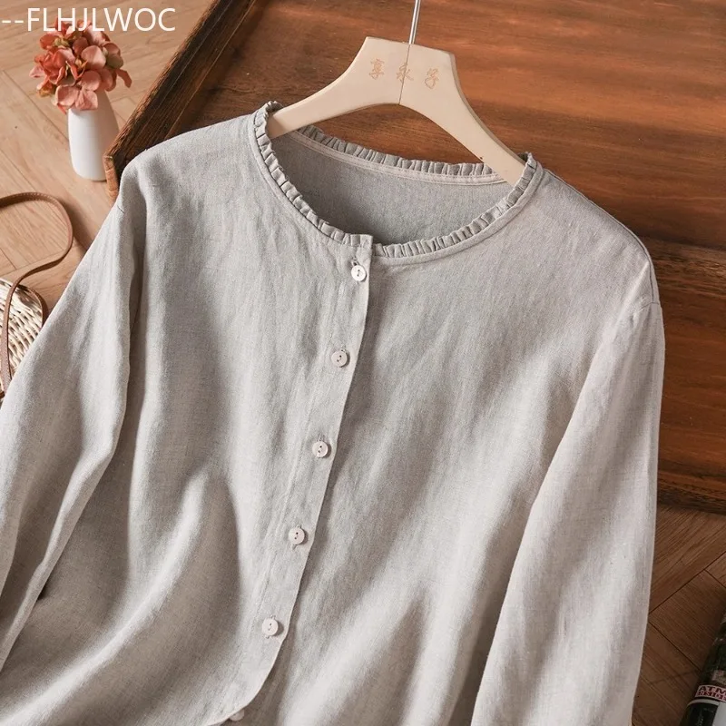 Katoen Linnen Tops Blouses Leuke lieve meisjes Vrouw Lange mouw Japanse stijl Effen ruches Retro Vintage Basics Katoenen shirts