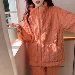 2Pcs/Set Unisex Winter Pajamas Set Stand Collar Zipper Closure Thickened Coral Fleece Homewear Coat Pants Set Nightwear Set