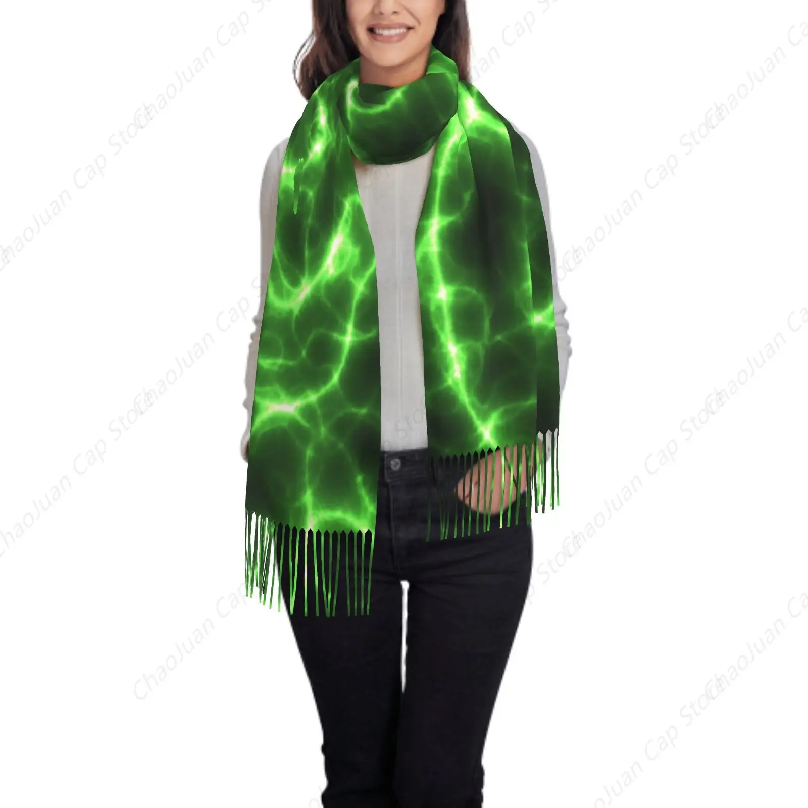 

Неоново-зеленый кашемировый зимний шарф с принтом молний, модное мягкое теплое женское одеяло, шаль