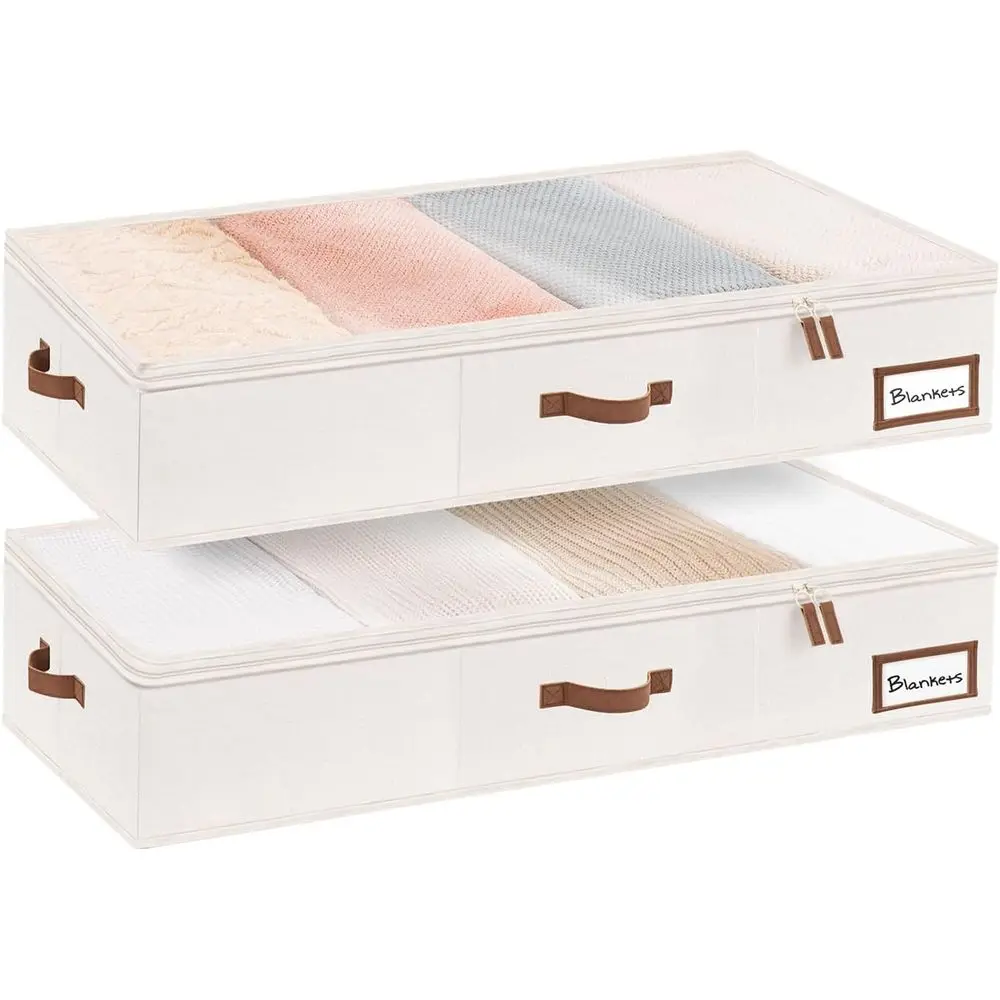 2-Pack Extra Large Underbed Storage Boxes with Handles and Label Holders - Thick Fabric Organizers for Clothes, Blankets, and Mo