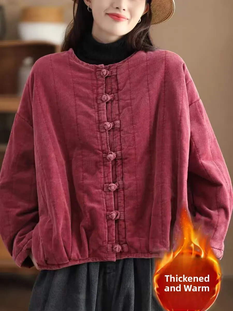 

Retro Thiened Cotton Quilted Velvet Jaet Women's Winter Coat Button Closure Warm Cotton Padded Long Sve Loose Fit