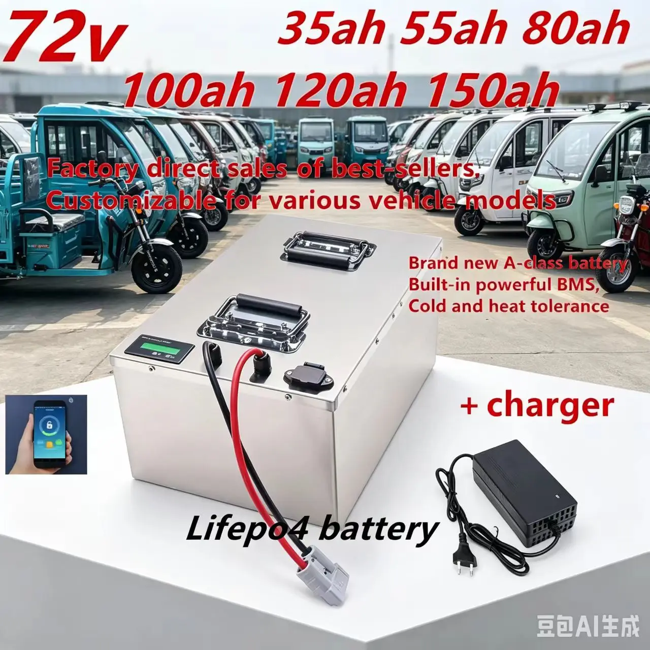 72V High Capacity Lithium Ion Battery 35AH-150AH with 100A BMS for 7000W-1000W Electric Vehicles - Bike Tricycle Forklift Motorc