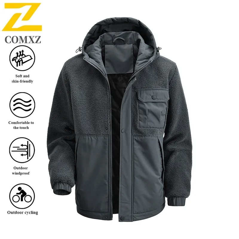 

Autumn Winter Men's Hooded Jacket Zip-Up Style Multiple pockets Loose Fit Thermal Waterproof Windproof Coat for Hiking Camping