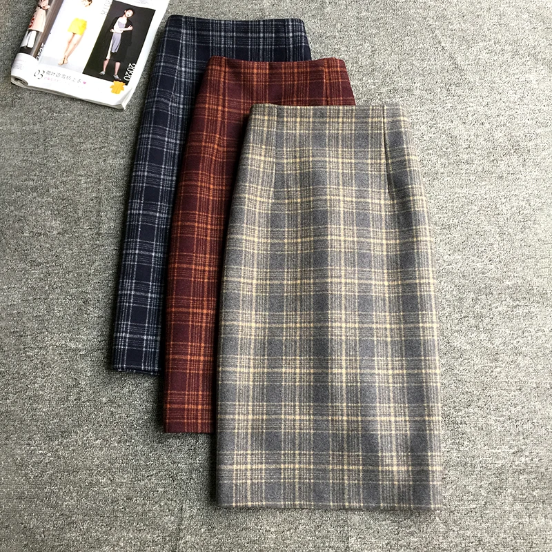 

Autumn Wool Plaid Skirt For Women American Casual Fashion Retro A-line Mid-length Slim Female High Waist Tweed Skirts