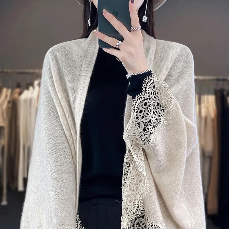 2024 New Fashion Spring and Autumn Women\'s Open Knitted Sweater Soft 100% Merino Wool Knitted Sweater Korean Shawl Fashion Top