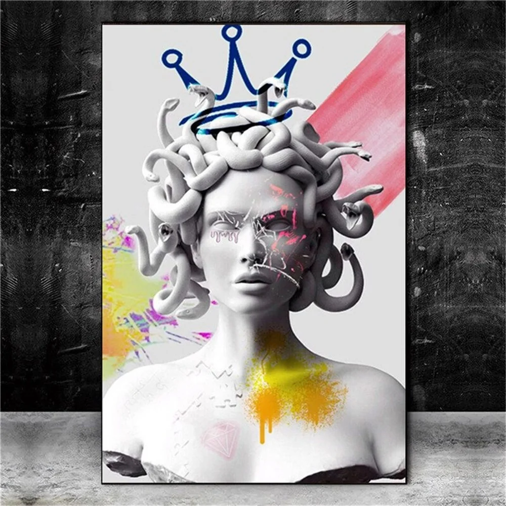 Graffiti Sculpture Medusa Canvas Painting Wall Art Monster Snake Hair Image Poster Ancient Greek Mythology Print Room Home Decor