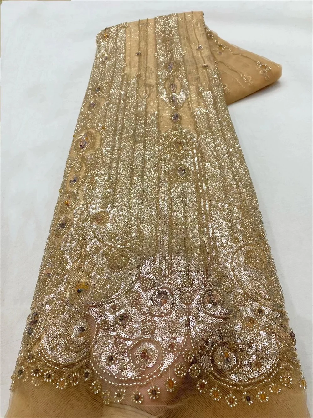 Luxury Nigerian Brown Beaded Lace Fabric Embroidered Dubai New 2024 African Beaded Tulle Lace Fabrics For Wedding Dress A381-2