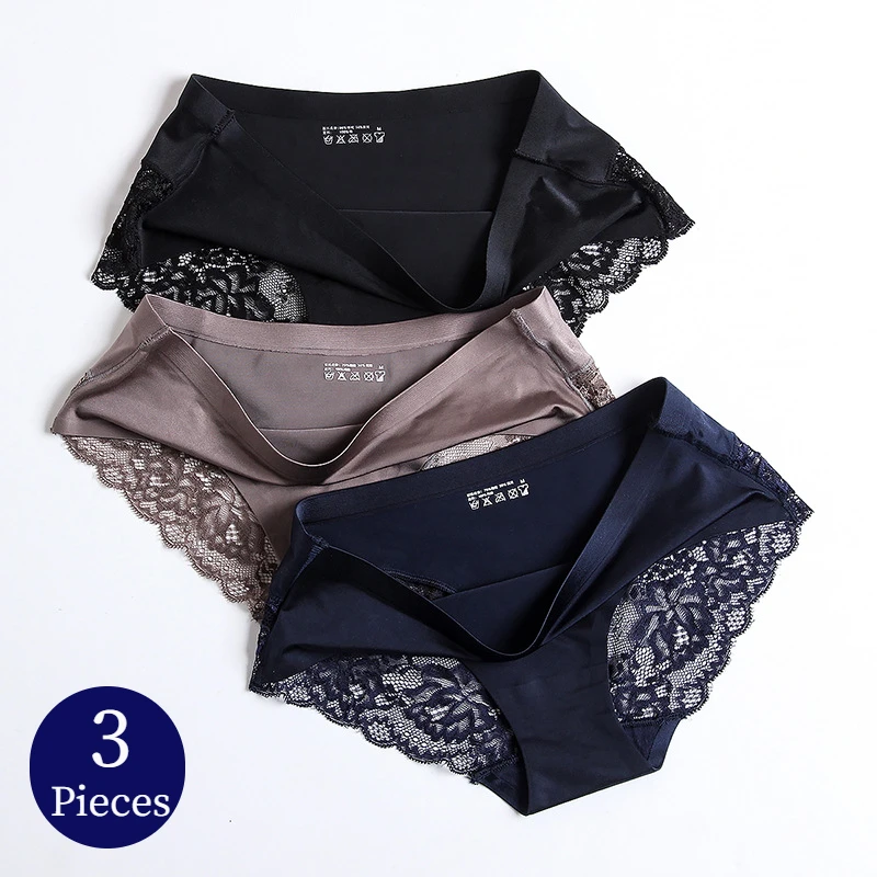 TrowBridge 3PCS/Set Women's Panties Exquisite Lace Underwear  Lingerie Big Size Sweet Silk Satin Briefs Soft Cozy Underpants