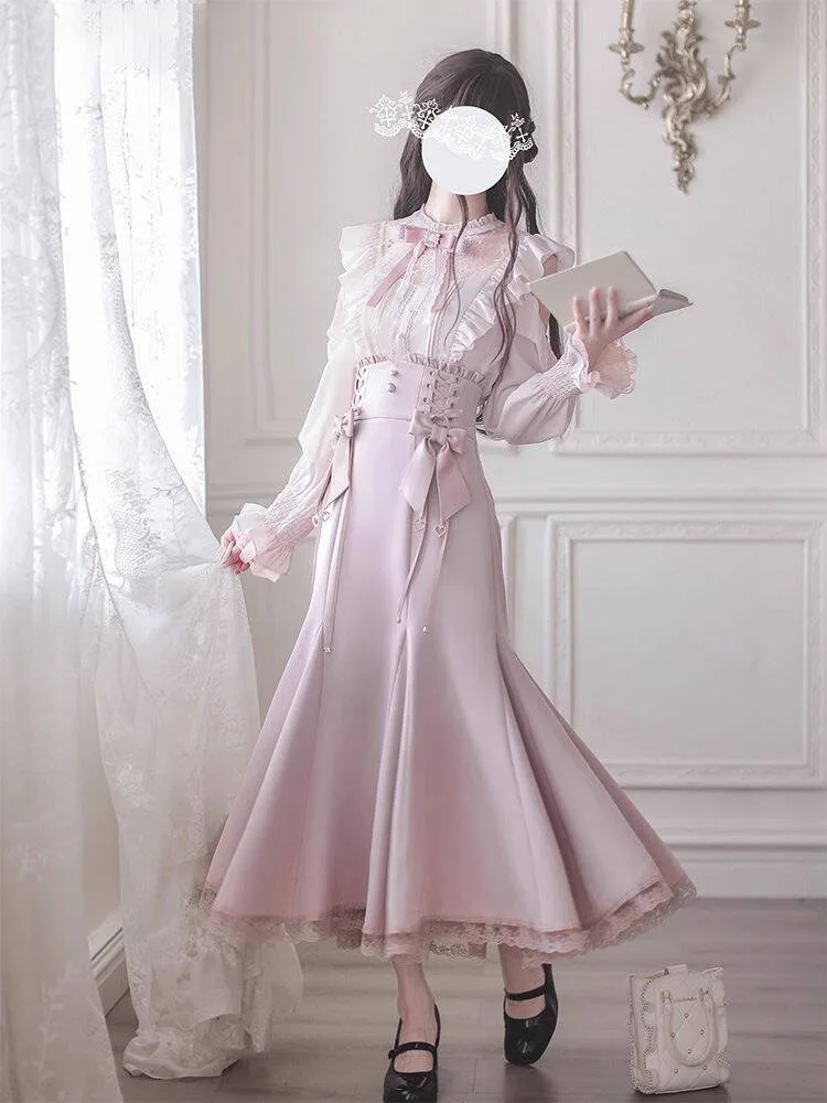 Sweet Japanese Pure and Fresh Elegant Gentle Subculture Off-Shoulder Blouse Top + Long Fishtail Skirt Kawaii Women's Set