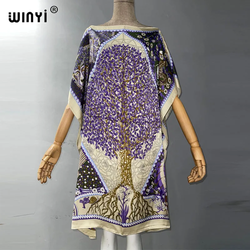 WINYI Boho fashion Print Women Beach Dress Bathing Suit Cover Up Summer For Woman Beachwear Robe de plage silk feeling Kaftan