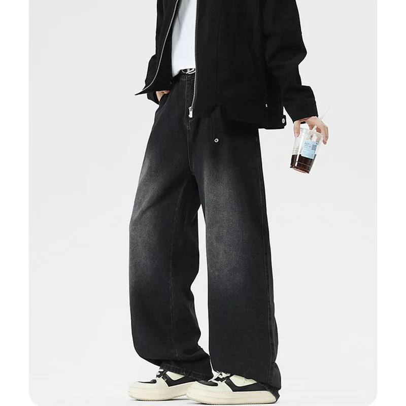 2026 New Loose Straight Leg Jeans Men Classic Versatile Denim Trousers Male Fashion Solid Color Elastic Waist Pants