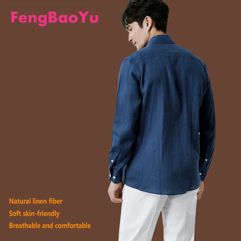 100% Natural Linen Men's Shirt - Retro Style Long-Sleeved Shirt with Pockets - Outdoor Casual Comfortable Sweat Absorption