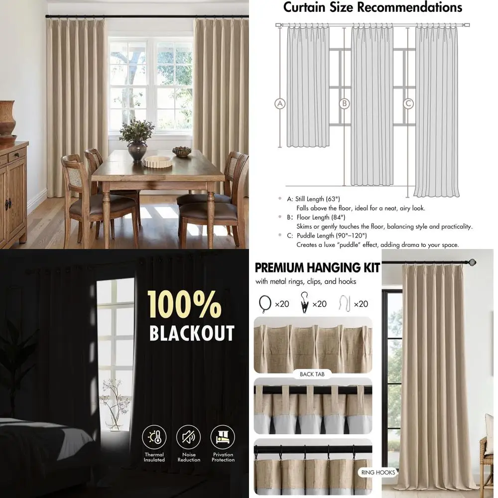 

63-inch Pinch Pleated Blackout Linen Curtains, Memory Foam Insulated, 2-Panel Set for Bedroom & Living Room