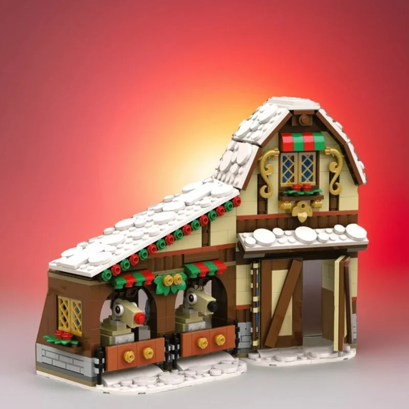 

593PCS MOC Creative Model Christmas Reindeer Stable Winter Village Collectible Display DIY Building Blocks Gift Decoration Set