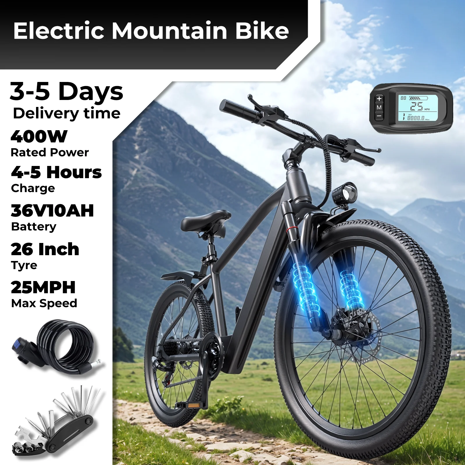 

Электрический велосипед для взрослых 26 дюймов — удобная амортизация, двигатель 36 В, 400 Вт, 25 миль в час, 7 скоростей ​ Сдвиг, с разблокировкой NFC и ЖК-экраном