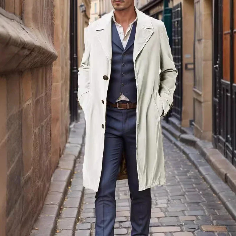 Inglaterra estilo sólido veludo trench coats masculino nova lapela único breasted outono outerwear manga longa meados de comprimento jaqueta de inverno dos homens