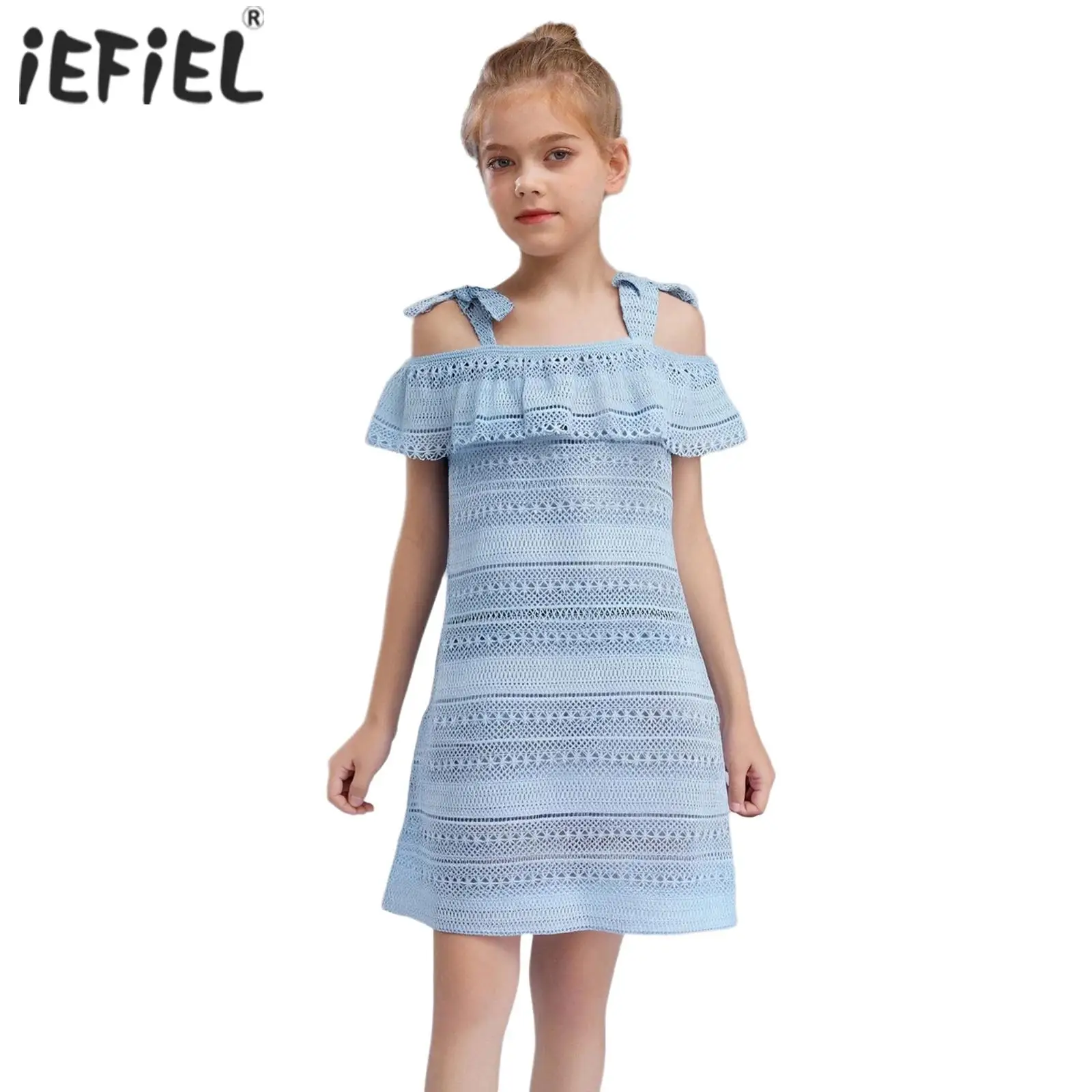 

Kids Girls Hollow Out Knit Swimsuit Swim Dress Cover ups Dress Beachwear Bathing Suit Coverups Beach Dress Flounce Cami Dress
