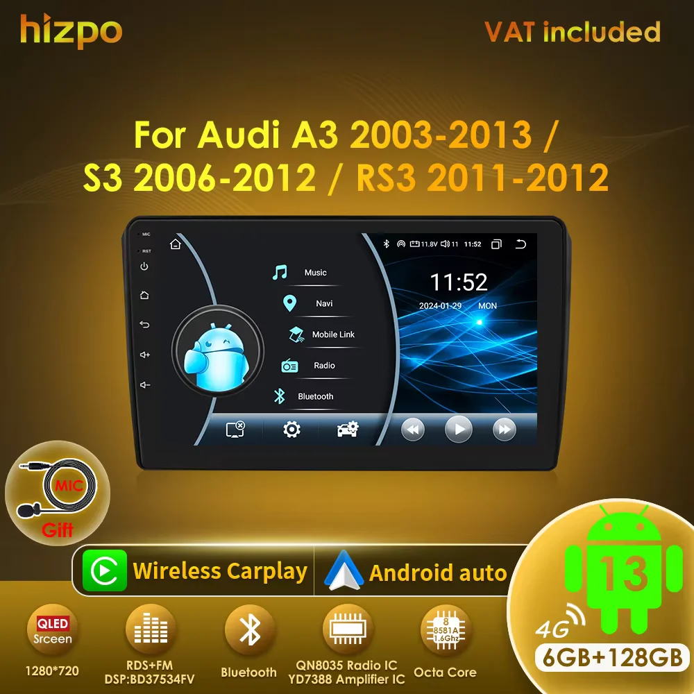 Hizpo AI Voice Radio For Audi A3 8P 2003 - 2013 4G Car Multimedia Player GPS 2din Autoradio Wireless CarPlay Android Auto Wifi