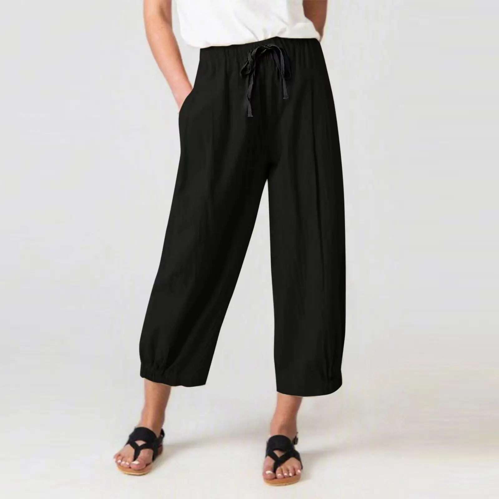 

2024 New Cotton and Linen Drawstring Cropped Pants with Pockets for Casual Wear, Women's Loose Wide Leg Pants