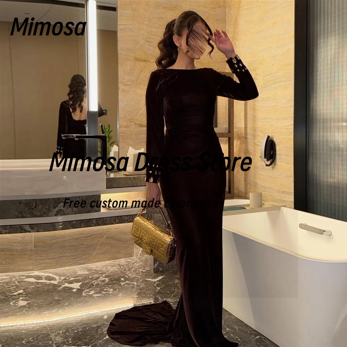 Mimosa Abiti da ballo sexy aperti sul retro Cristalli Abiti da sera a maniche lunghe Le donne saudite indossano abiti da festa in velluto personalizzati