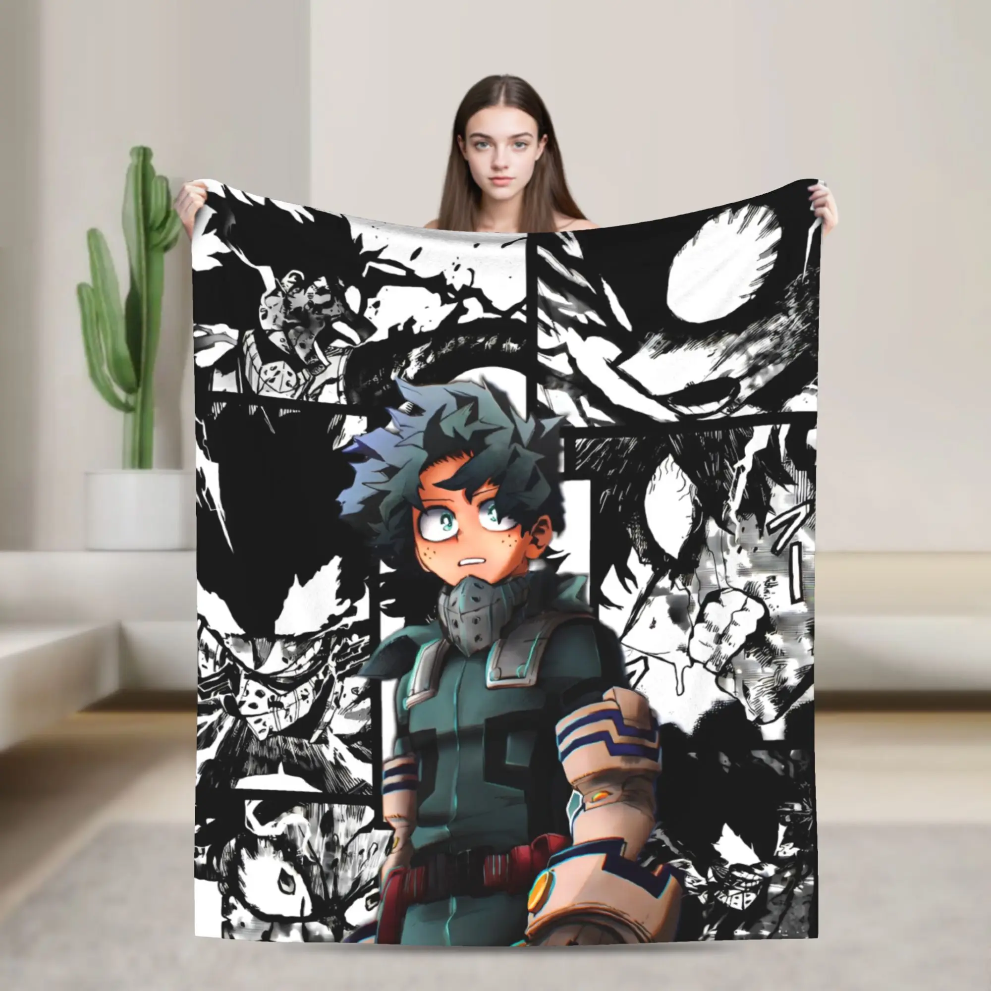 MHA Anime Izuku Midoriya Fuzzy Blanket Japanese Anime Customized Throw Blanket for Home Hotel Sofa  150*125cm Bedspread,