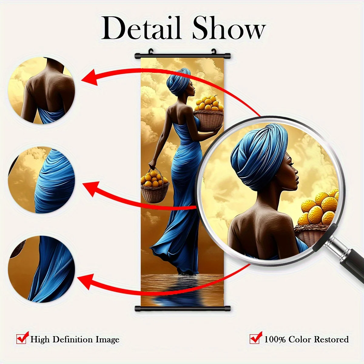VIKAMA African Women Water Reflection Scroll Tapestry, HD Fade Resistant Wall Hanging Scroll Art, Ethnic Decor
