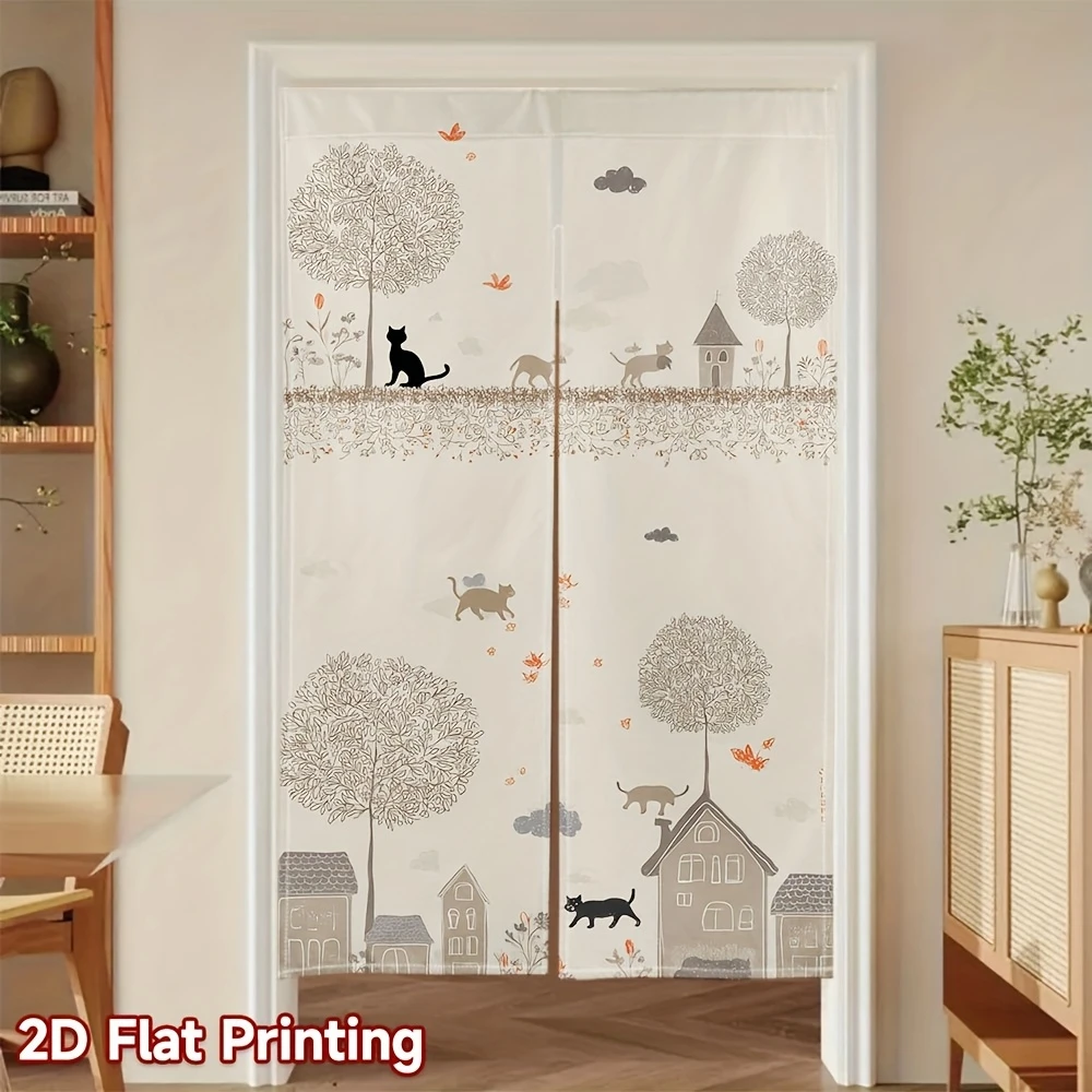 VIKAMA Cartoon Cat Town Tree Door Curtain, Cute Kitten Print Half Door Curtain, Kitchen Entryway Divider Decoration