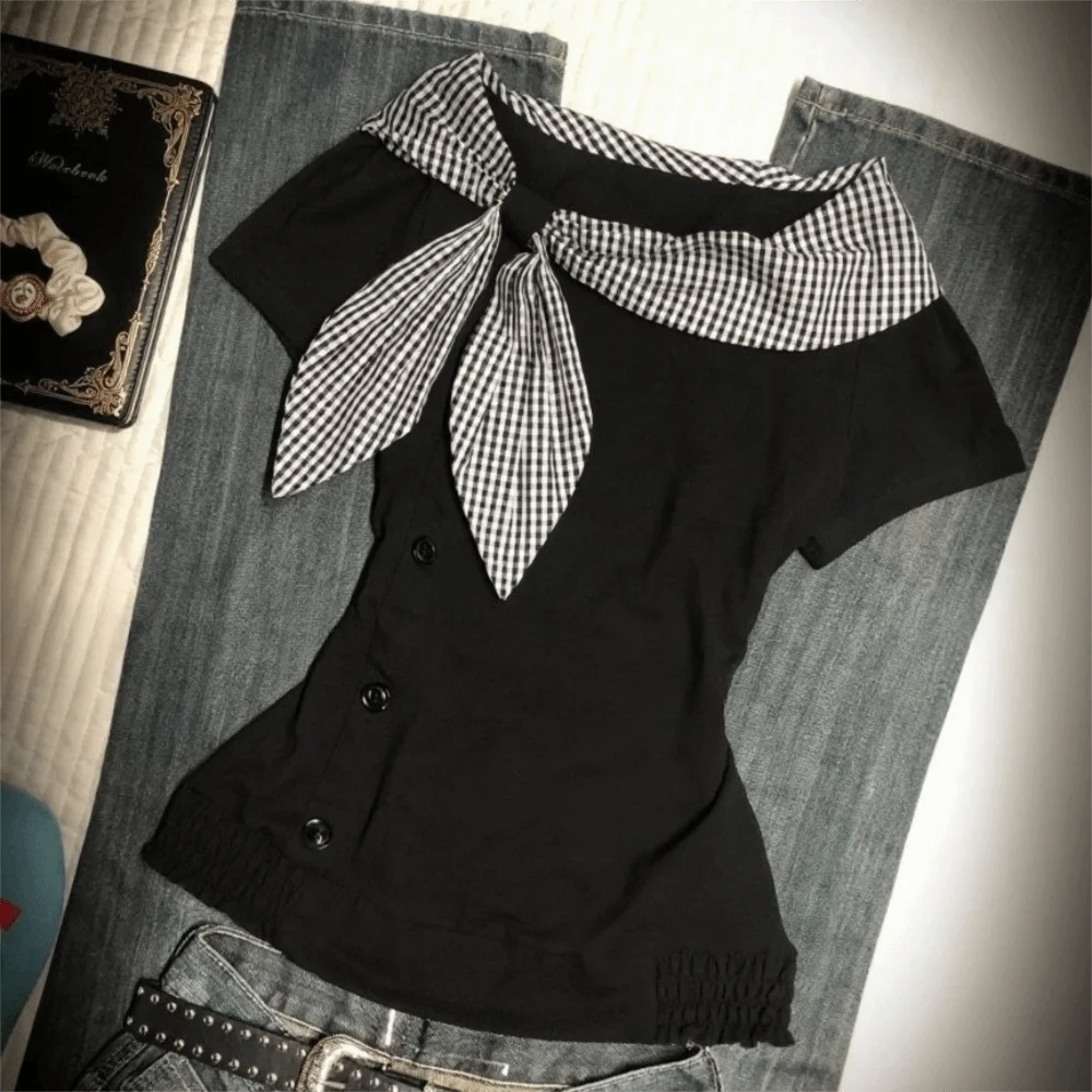Short Sleeved Irregular T Shirts Navy Collar Plaid Pattern Sailor Collar Tops Millennium Style Button Front