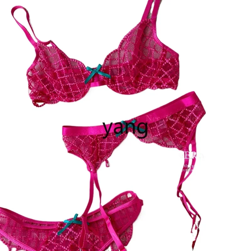 

CX grid embroidered lace underwear three-piece French underwear garter belt