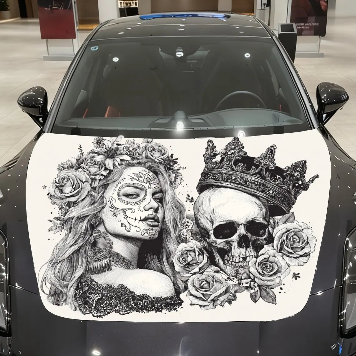 

Black And White Style Skull Pattern Car Hood Vinyl Wraps, PVC Waterproof Car Bonnet Decals, Self-Adhesive Scratch-Resistant Stic