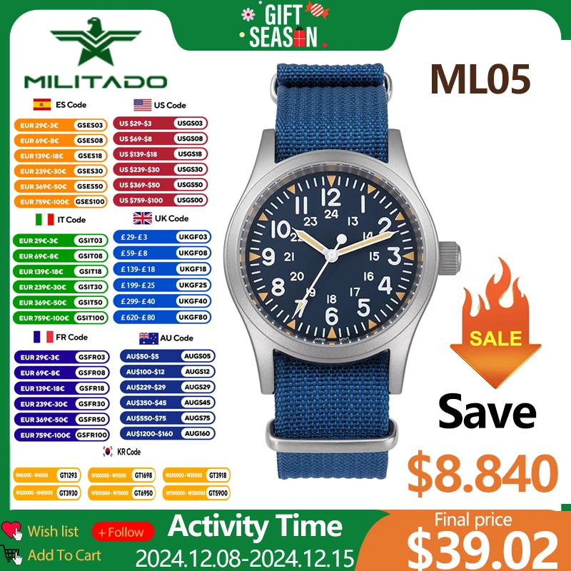 Militado ML05 Винтажные кварцевые часы AR с сапфировым стеклом, светящиеся часы с механизмом VH31, 38 мм, мужские наручные часы из нержавеющей стали