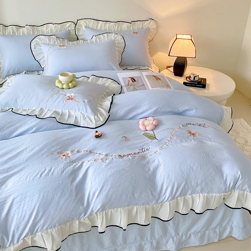 3/4Pcs Korean Princess Style Washed Cotton Three-Dimensional Flower Embroidery Lace Pink Beddings Sets Full Ruffle Duvet Cover