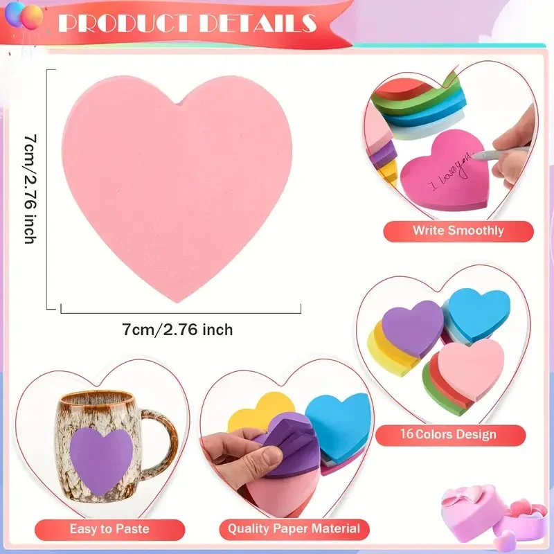 16 Pcs Heart Shaped Sticky Notes, 16 Colors 25 Sheets/Book, 400 Shape Sticky Notes, Cute Memo Pad Colorful Sticky Note Book