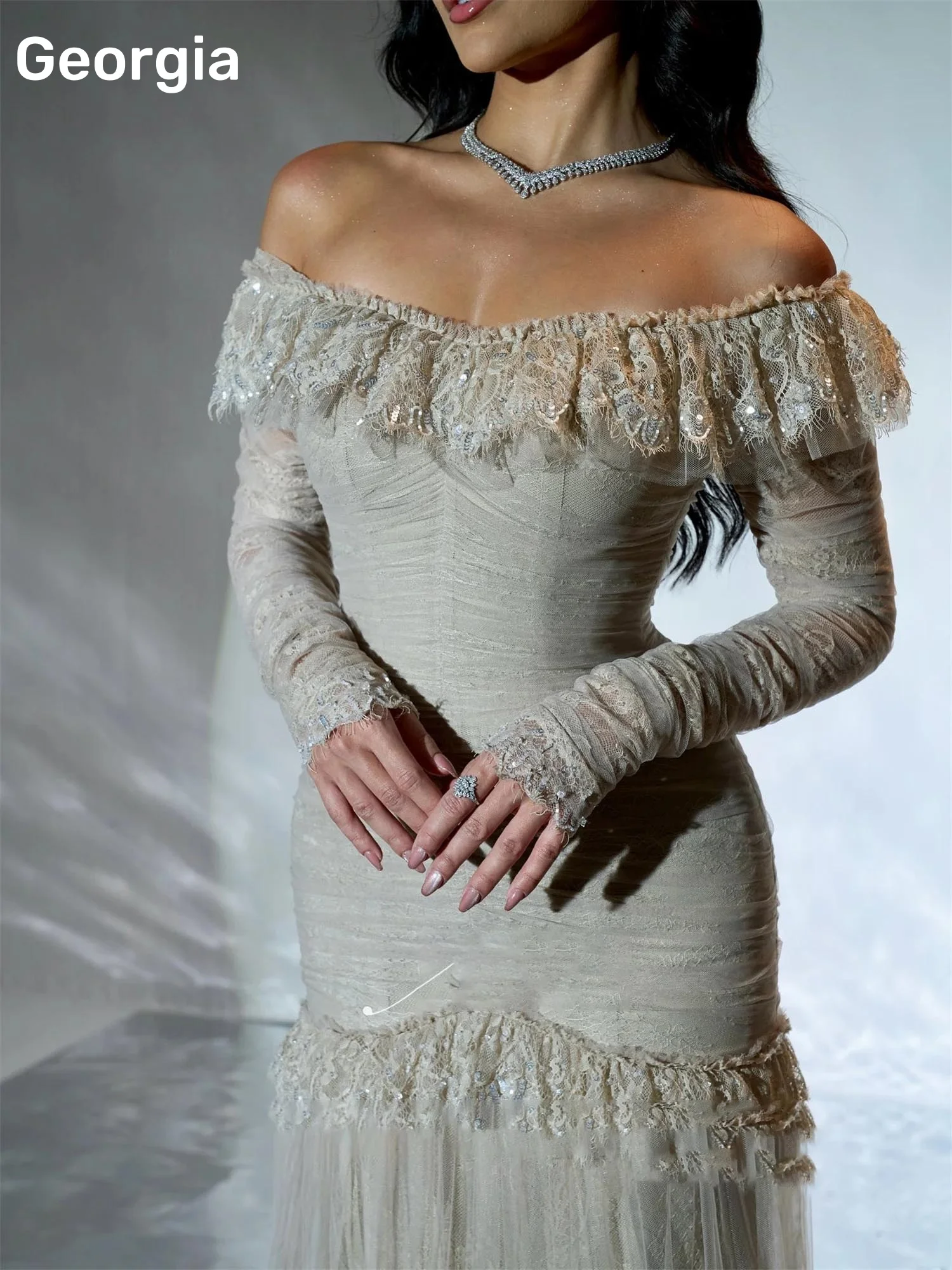 Dubai فساتين سهرة Lace Off-The-Shoulder Neckline Floor-Length Prom Dress Women Zipper Up Long Sleeves Vestidos De Festa