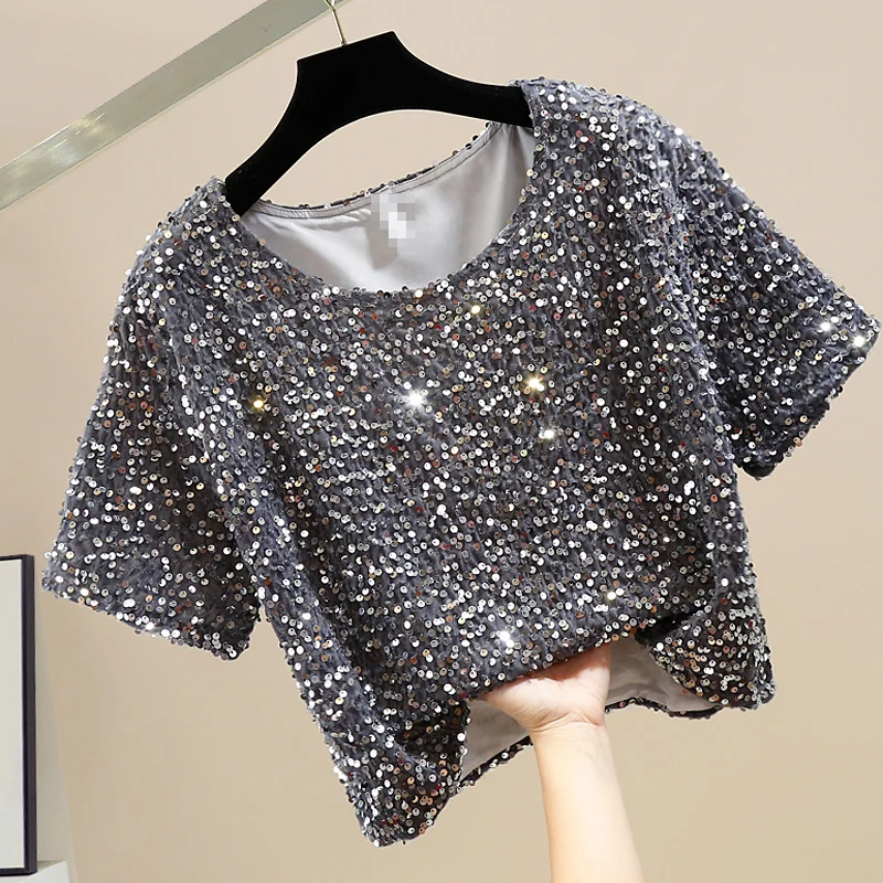 

Faionable Heavyweight ort Sve round Ne Pullover Sequin Design Women's Loose Fit Versatile ort Top
