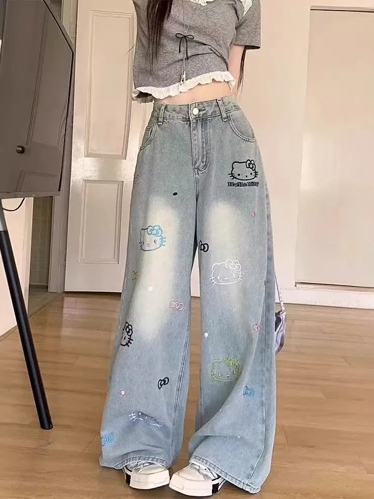 Sanrio Kawaii Jeans Hello Kittys Linda niña pantalones de pierna ancha cintura alta nuevo estilo pantalones vaqueros sueltos cómodos dibujos animados rectos
