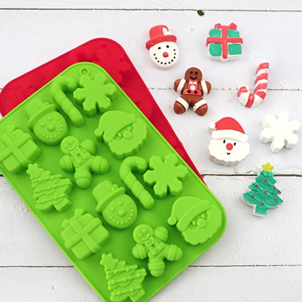 Christmas Silicone Baking Mold Gingerbread Santa Claus Snowflake Candy Mold Chocolate Jelly Handmade Soap Candle, Red/Green