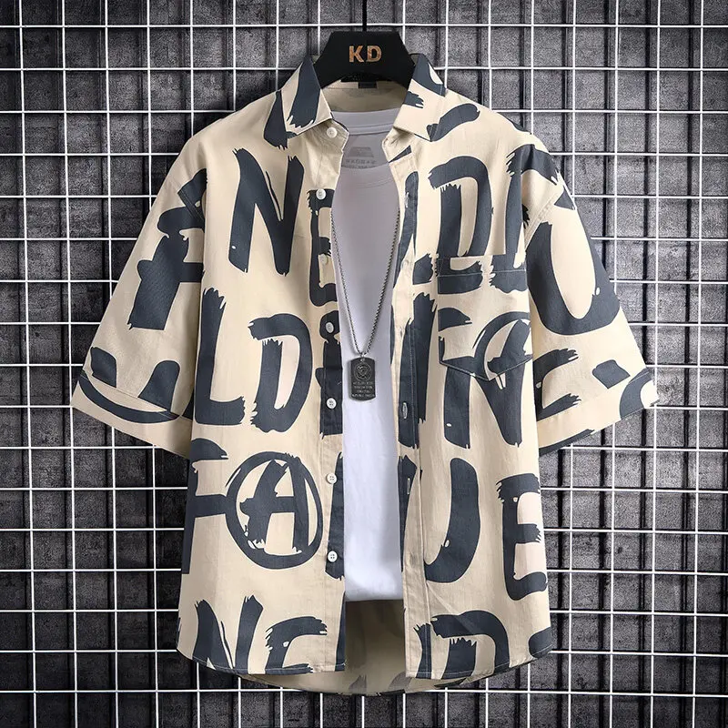 

Summer Cotton Printed Letter Men's ort Sve irt Loose Fit Outerwear Faionable Teenage Casual Breathable Breathable