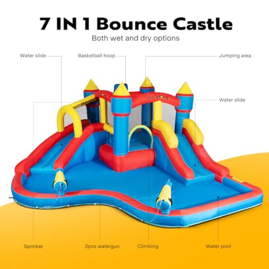 6 in 1 Bounce House for Outdoor Inflatable Bouncer 15x14 FT with Slide Basketball Climbing Sprinkler Water Pool Water