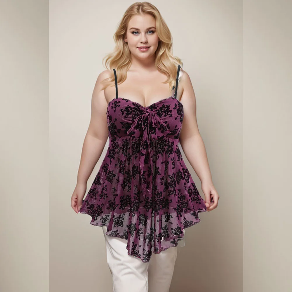 ROSEGAL Plus Size Gothic Camis Top for Women, Floral Mesh, Flocking Bowknot, Tied Asymmetric Top, Adjustable Shoulder Strap Vest