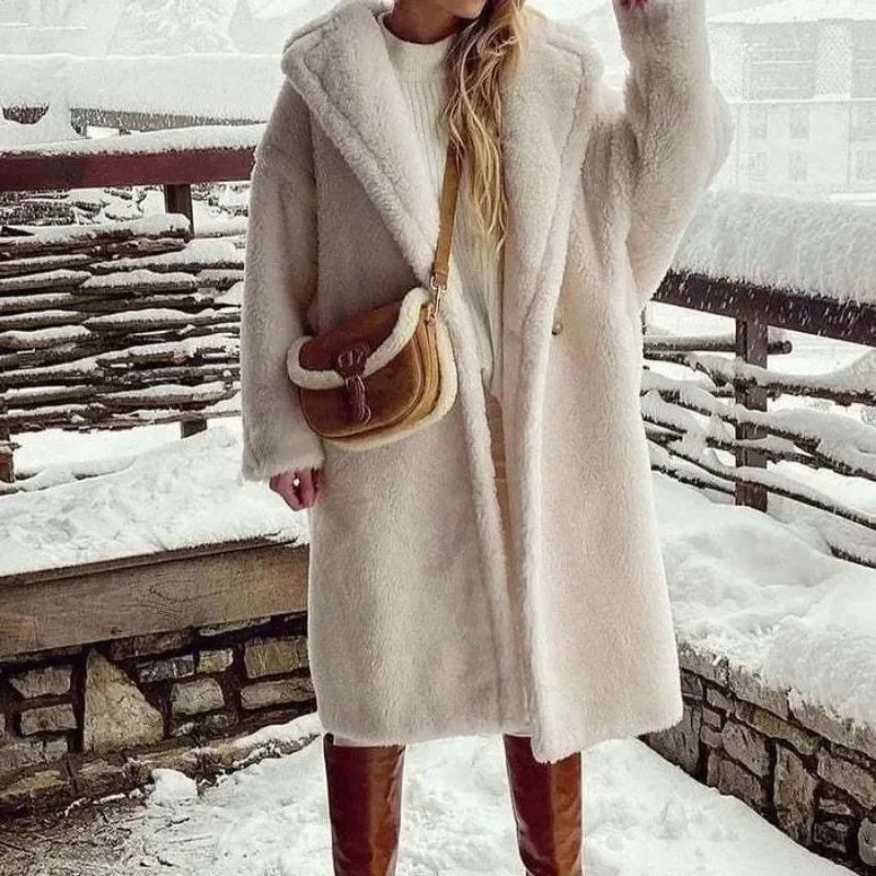 Coat Lamb Wool Long Sleeve Pockets Fur Jackets Trend Loose Faux Fur Coat Women\'s Overcoats Clothing Mid-Length Outwear Coats