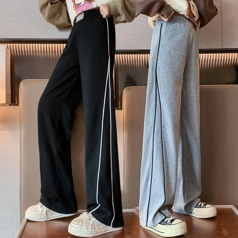 

Autumn Teenage Girls Trousers Fashion 2023 Children's Cartoon Sweatpants Kids Wide Leg Loose Trousers Korean Black/grey Pants