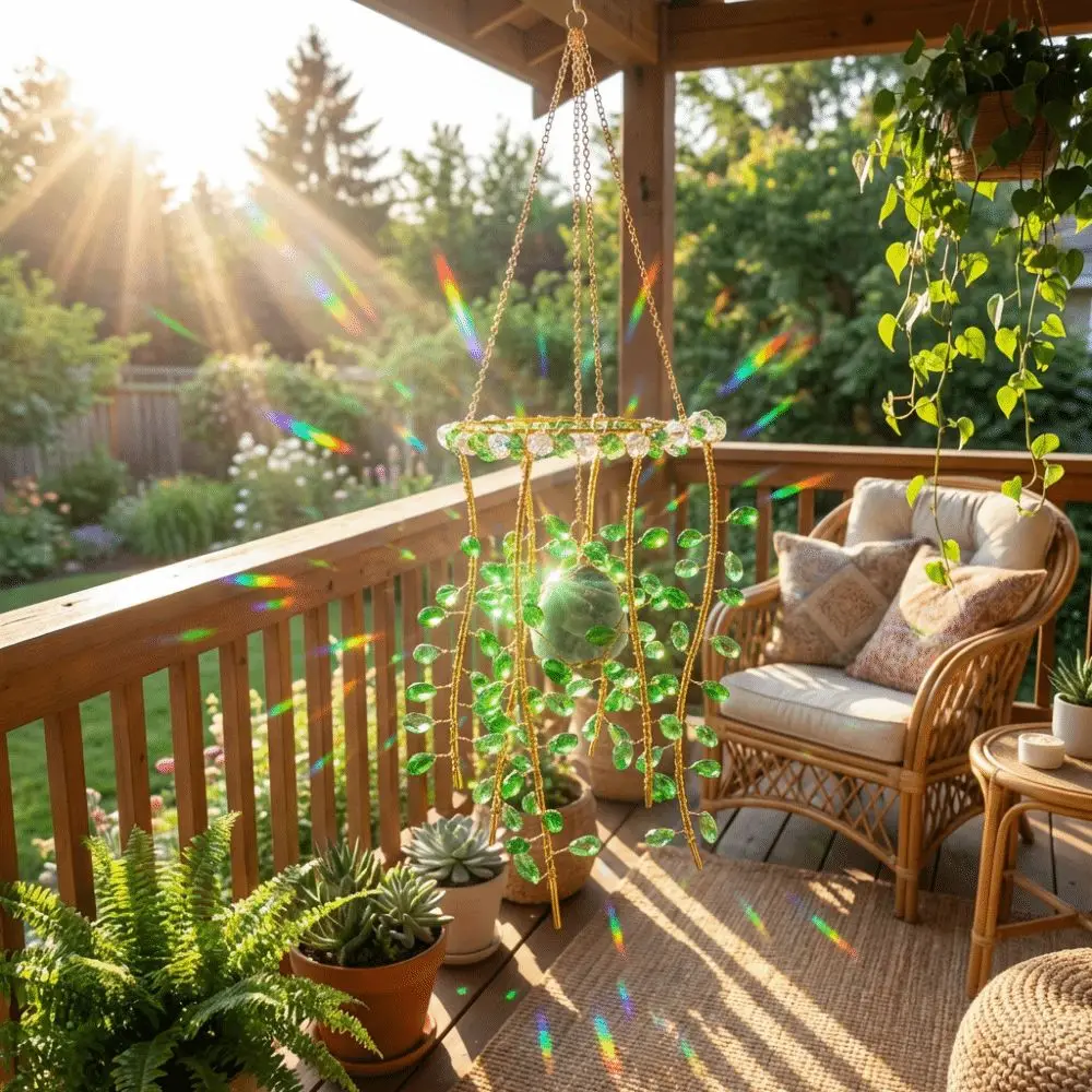 

Green Willow Branch Crystal Glass Pendant Rainbow Makers Handmade Sun Catcher Chandelier Hanging Natural Willow Wind Bell Garden