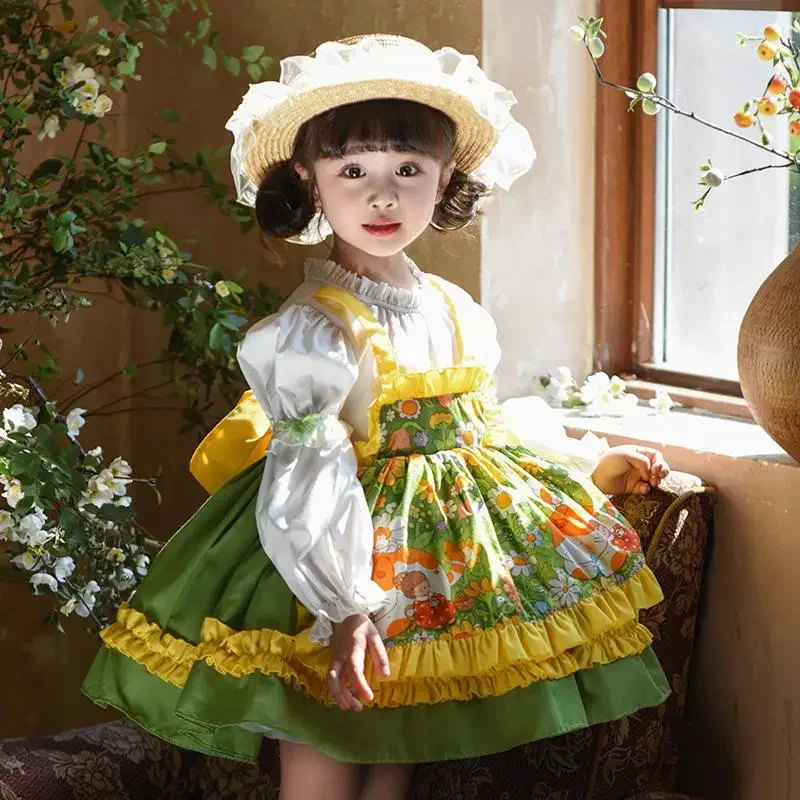 Ins Girls Lolita Spring Fashion Long Sleeve Flower Princess Dress Little Girl Birthday Dress EID Girls Sweet Party Dress