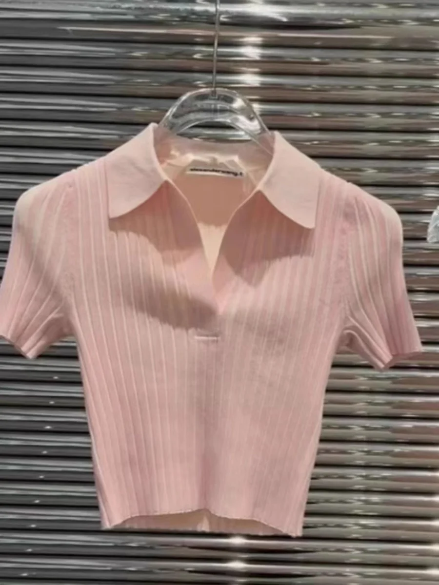 

Elegant Pink Neck Short Sleeve Ice Silk Knitted Shirt Women's Slimming Summer Top Fashionable Commute Style Korean Version