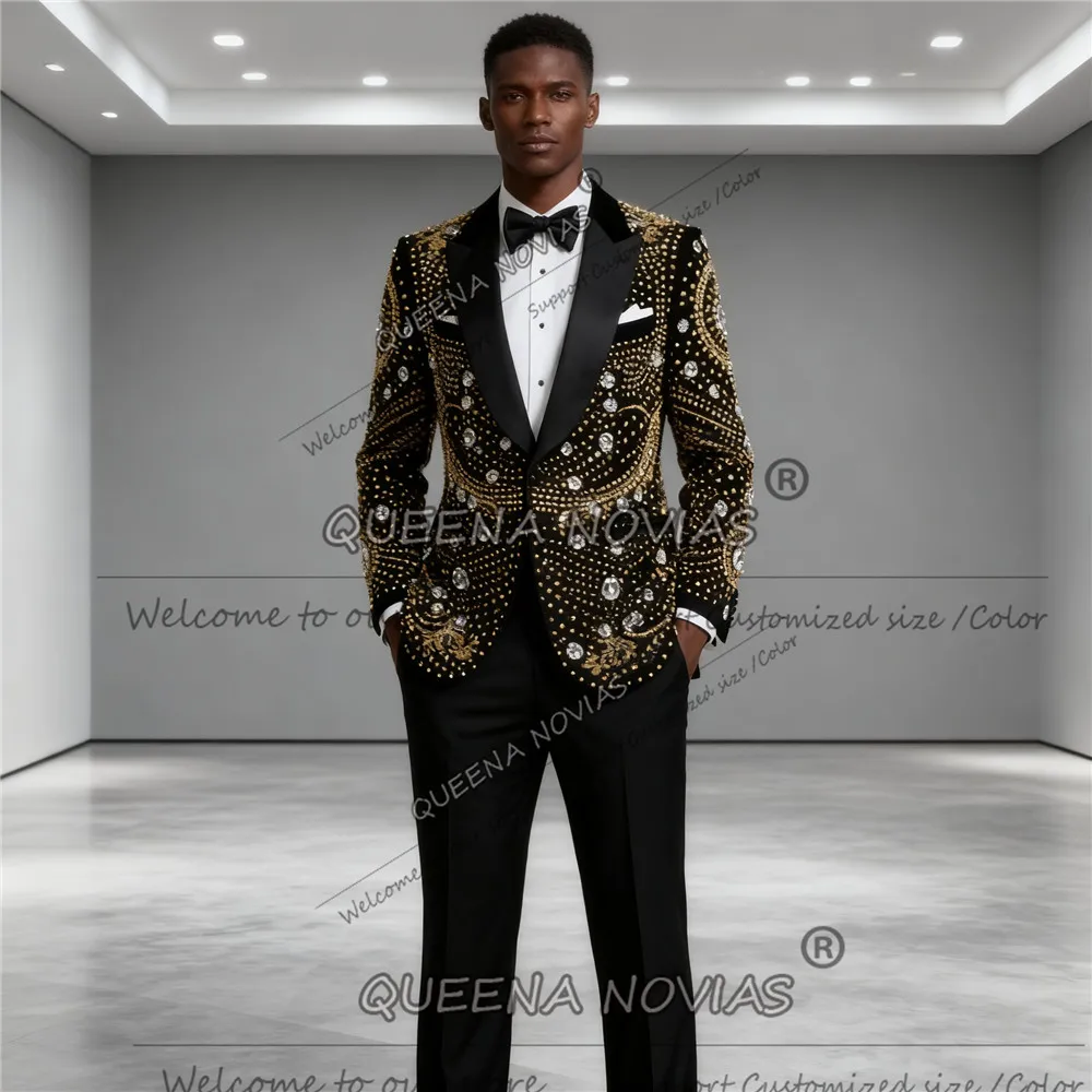 

Роскошные мужские костюмы со стразами и бисером для свадьбы, однобортные пиджаки для выпускного вечера, индивидуальные комплекты из 2 предметов, костюм Homme, смокинги для жениха
