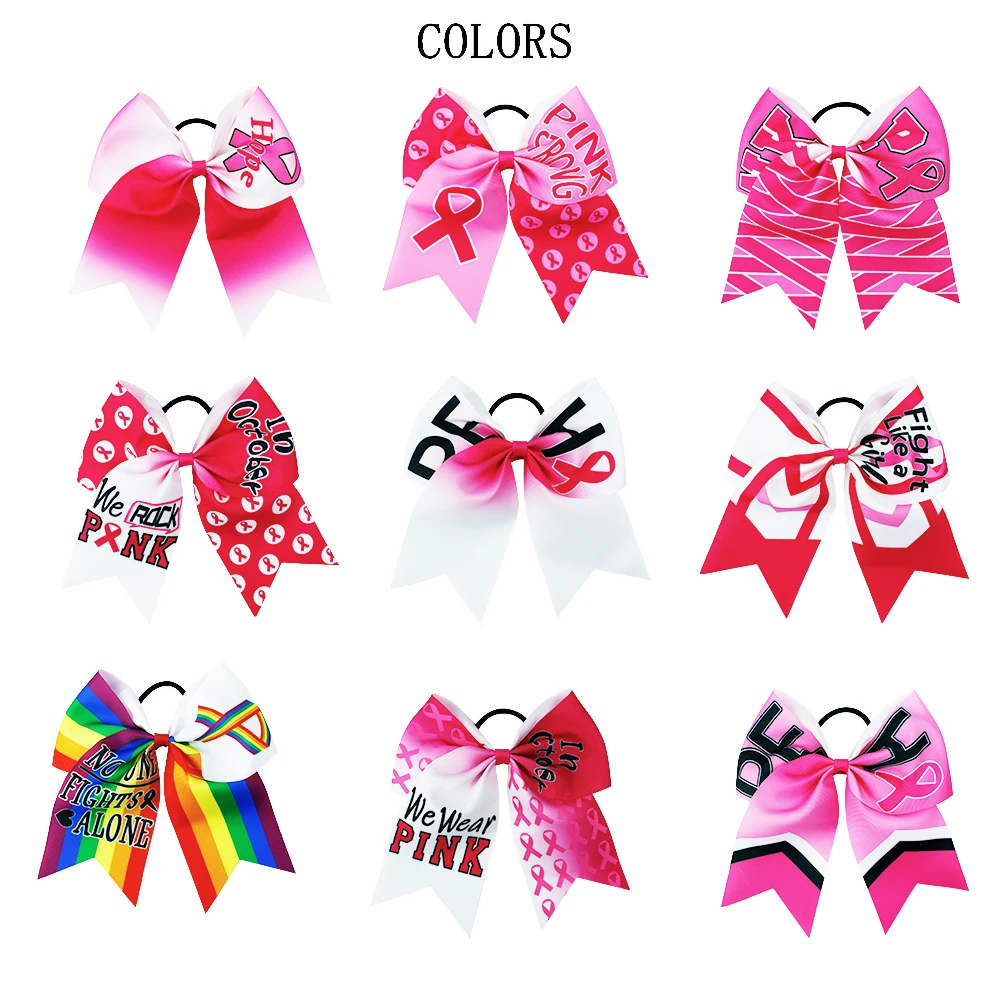 

20pcs/Lot 8 Inch Cheap Pink Ribbon Cheerleading Bows Hairband for Girls and Women AIDS Day Awareness Hair Tie Cheer Bows